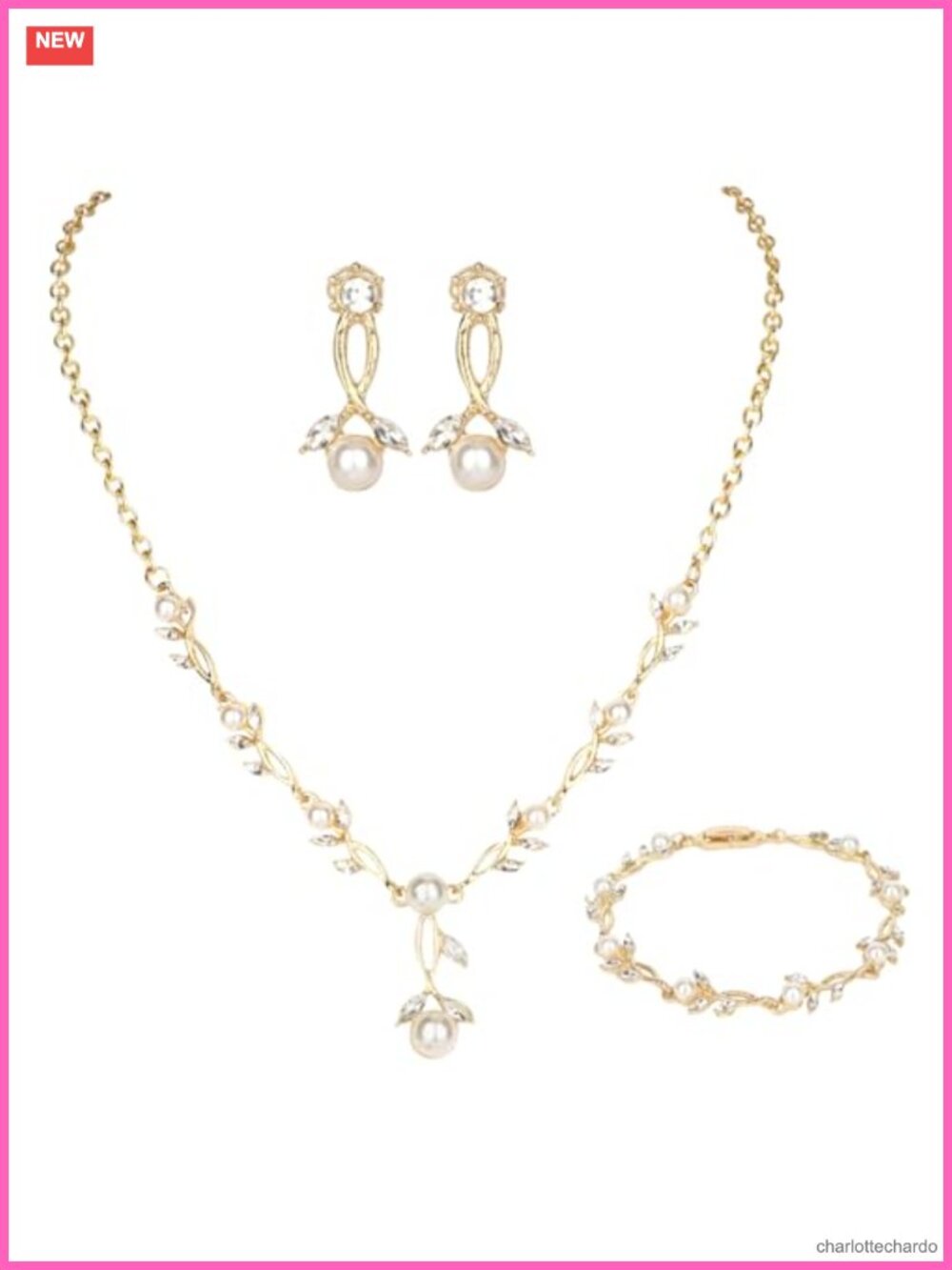 Gold Plated Cubic Zirconia Created Pearl Jewelry Set Necklace Earrings Bracelet